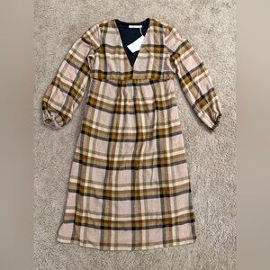 Zara Midi Dress Women size Medium Brown Plaid Long Sleeve Vneck Slim Dress